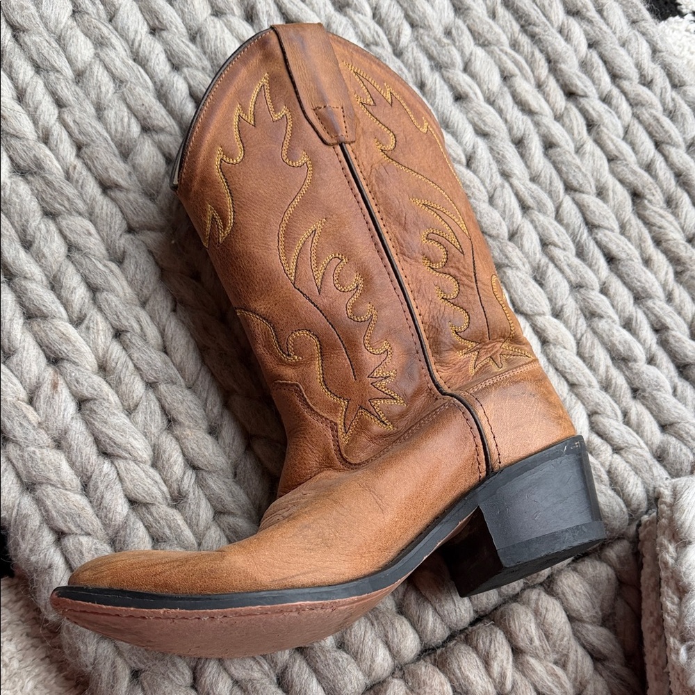 VINTAGE Kids Old West Tan Brown Western Cowboy Boots - yellow & black stitching - Picture 5 of 16